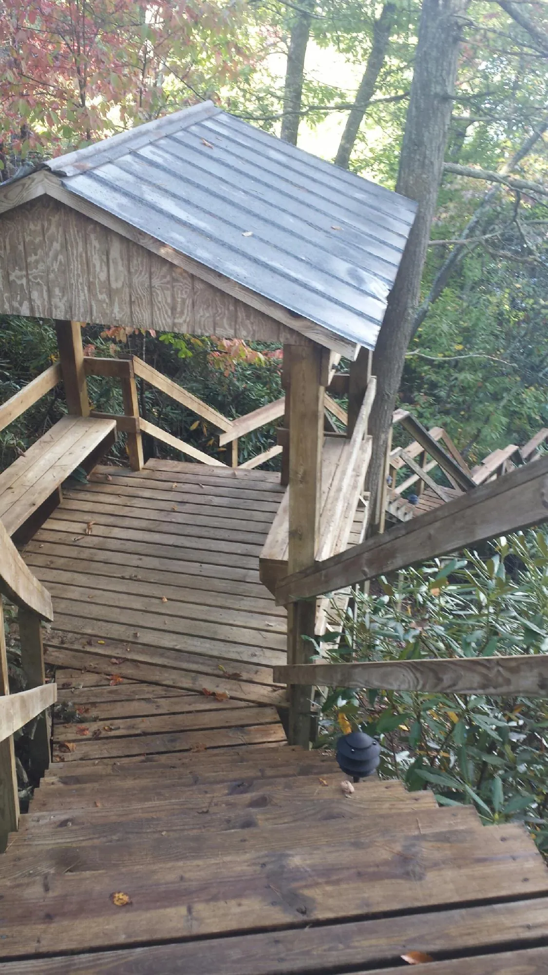 Metal roofed shelter over wooden steps on a wooded walkway — Skylight Repair & Installation work by our crew in Black Hawk
